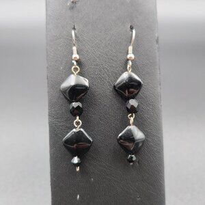 Silver Plated Black Stone Handmade Dangle Earrings A6313